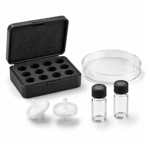 Illustrative laboratory accessories: storage case, vials, dish and filters